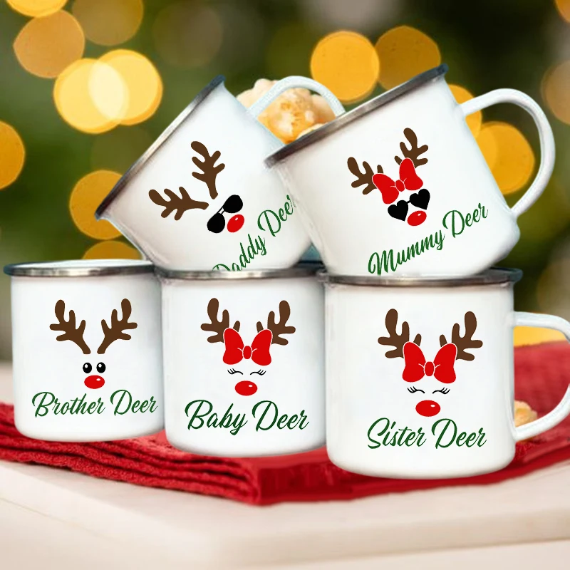 

Deer Print Family Matching Mugs Christmas Party Enamel Coffee Mugs Drink Wine Hot Cocoa Chocolate Cups Drinkware Gift for Family