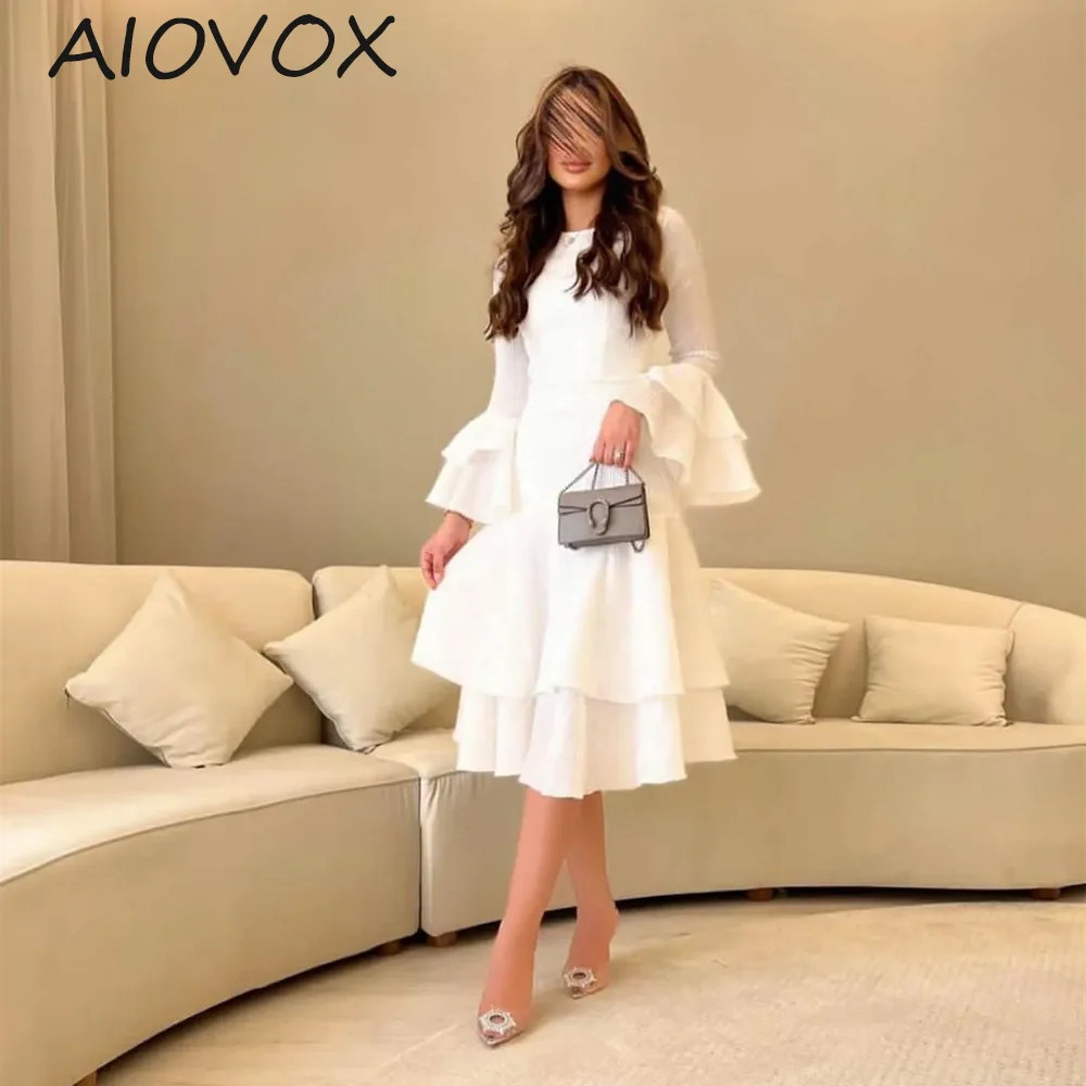 

AIOVOX вечерние платья-трапеции с круглым вырезом и расклешенными рукавами шифоновое платье длиной до колен для торжественных случаев простое платье с длинными рукавами для вечеринки
