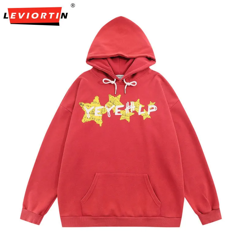 

Five-pointed Star Print Hooded Sweatshirts Mens Washed Distressed Autumn Casual Loose Long Sleeve Sweatshirts Men