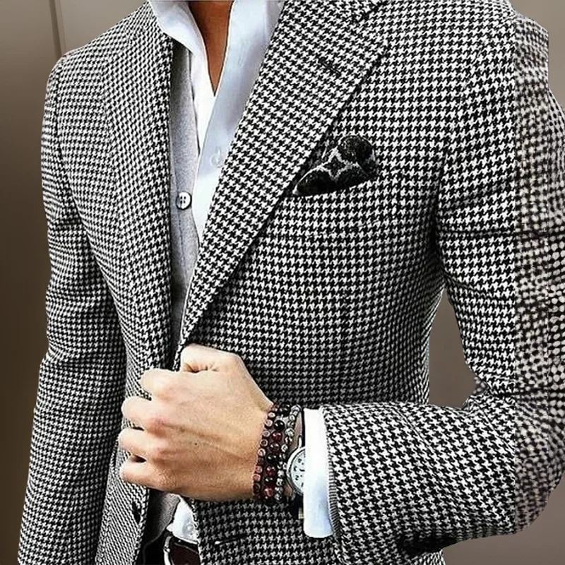 

Plaid Wedding Suit Jacket For Men Notch Lapel Check Houndstooth Pattern Blazer Male Fashion 1 Pc Coat Ready To Ship 2024