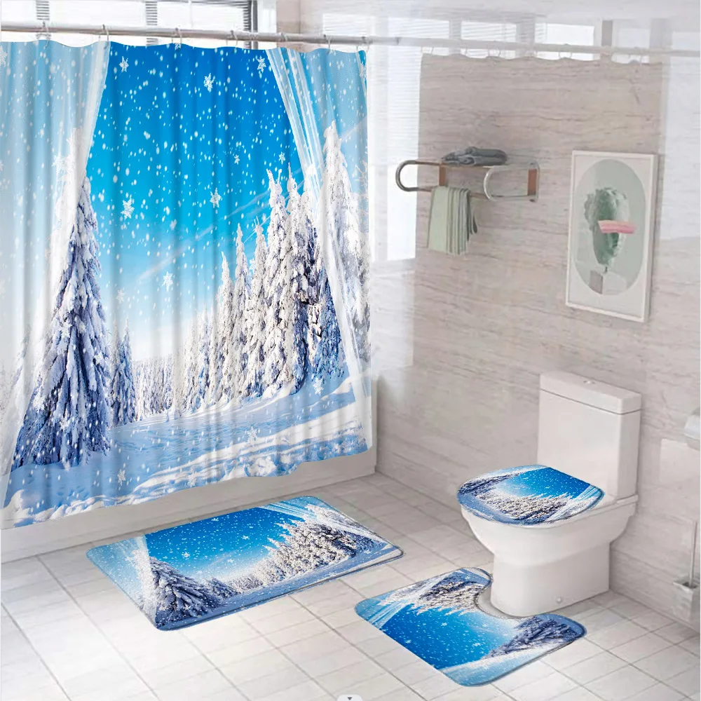 

Christmas Forest Mountain Scenery Snow Shower Curtain Sets Pine Tree Winter Bathroom Curtains With Bath Mat Rug Lid Toilet Cover