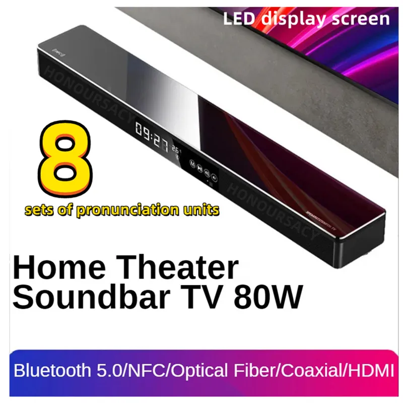 

80W TV Soundbar Home Theater System Powerful Wireless Echo Wall Bluetooth Speaker 2.1 Channel Subwoofer Surround Clock Speaker