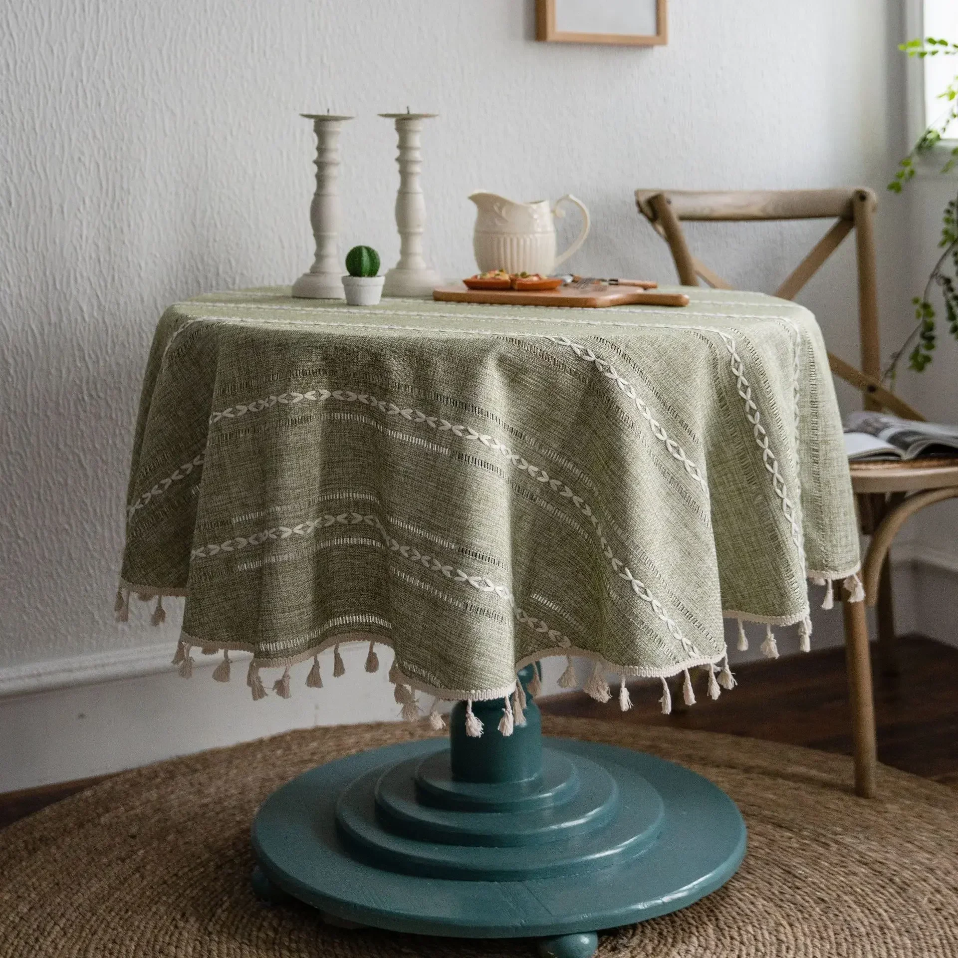 

Jacquard Round Table Cloth With Tassels Nordic Imitation Cotton Linen Tablecloth Table Cover for Coffee Table Party Decoration