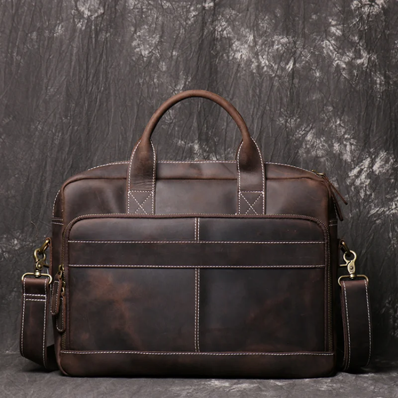

Vintage business Briefcase leather handbag Crazy horse leather one shoulder diagonal bag Large capacity computer bag