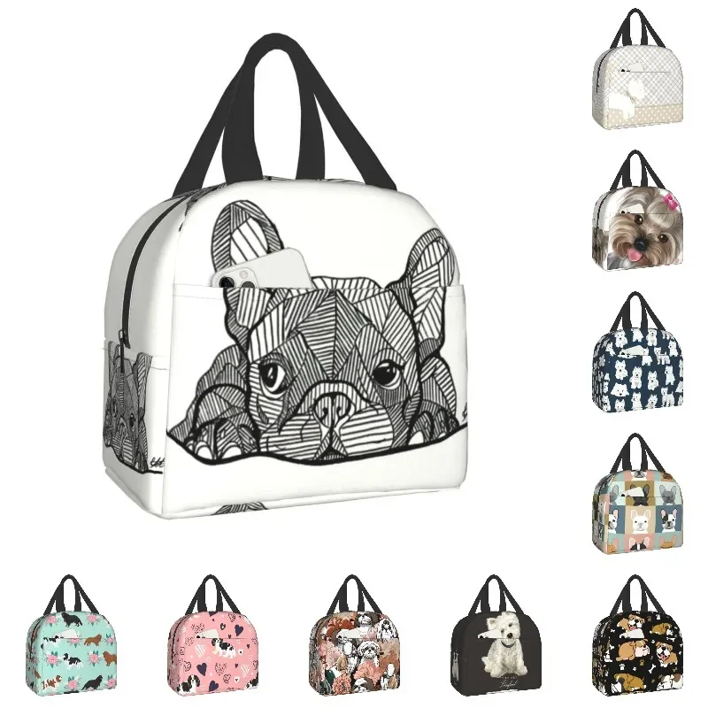 

French Bulldog Puppy Facial Insulated Lunch Bag for Work School Frenchie Resuable Thermal Cooler Lunch Box Women Kids