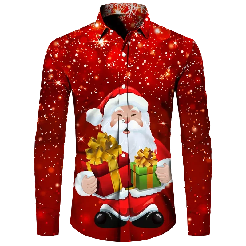 

Hawaiian Christmas Theme Santa Claus Tree Shirt For Men Casual Vintage Tops 3d Printed Flower Long Sleeve Clothing Holidays Y2k