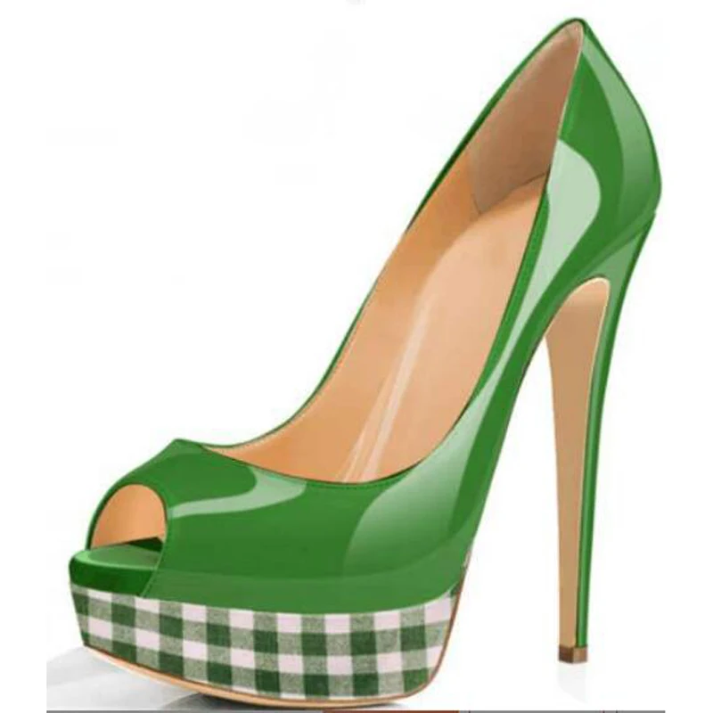 

Туфли-лодочки женские из лакированной кожи, зеленые, фуксия, синие, с открытым носком, в клетку, на платформе, без застежки, пикантная обувь на очень высоком каблуке, разные цвета