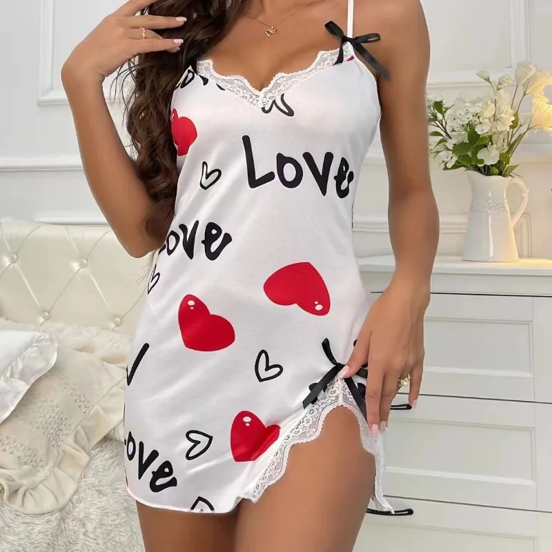 Lace Edge V-Neck Sling Side Split Sleepwear Women's Printed Love Letter Black Home Sling Dress Pajamas 2 S95cc744ff88540918ca8b62849838df3q