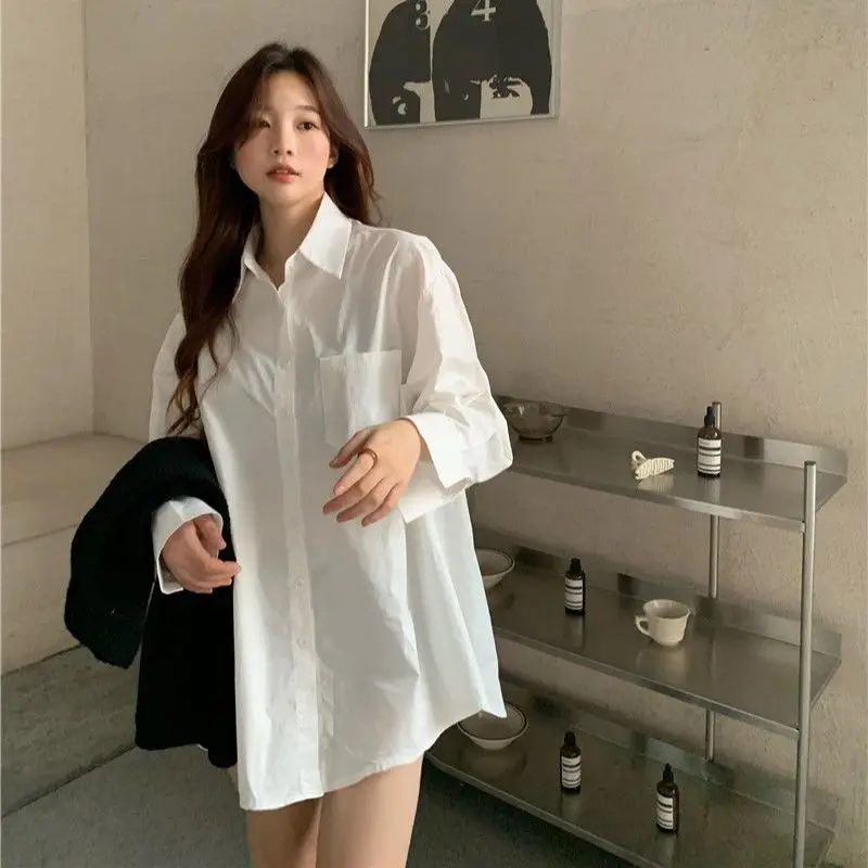 

Spring and Autumn Korean Style New White Shirt Top Women's Loose Mid-Length Design Sense Niche Boyfriend Lazy Style Shirt Fashio