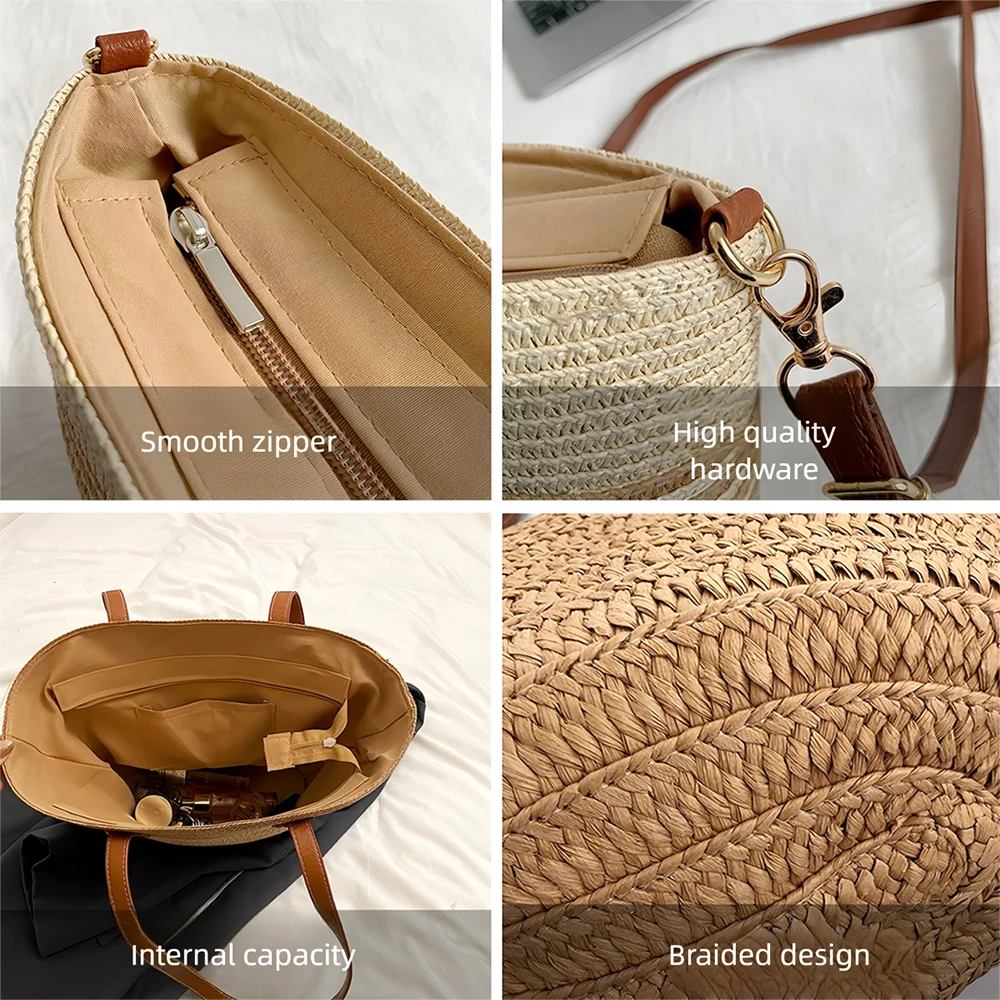 Knitted Straw Luxury Shoulder Bag - Large Woven Beach Shopper Basket 6 S95cda1a56a2f4eab82cf8382f19ba777U