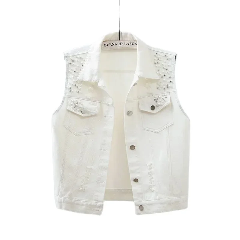 

Black Red Yellow Blue White Denim Vest Tops Women Spring Summer Washed Ripped Beaded Sleeveless Jacket Lady Jeans Waistcoat N03