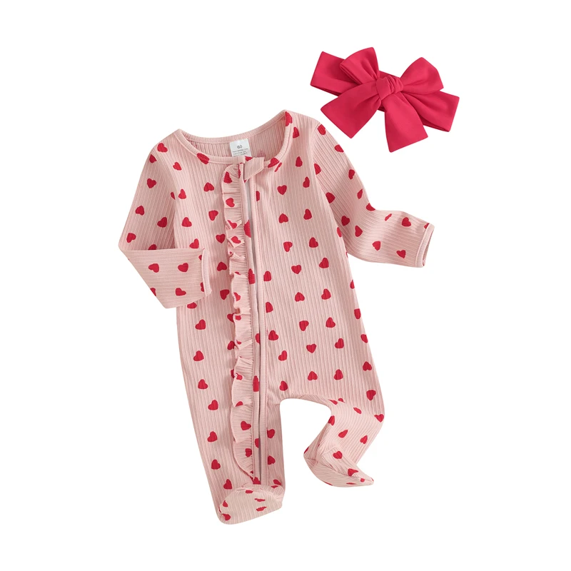 

Newborn Baby Girl Valentines Day Outfit Ruffle Heart Print Crewneck Romper Long Sleeve Romper Ribbed Bodysuit Jumpsuit