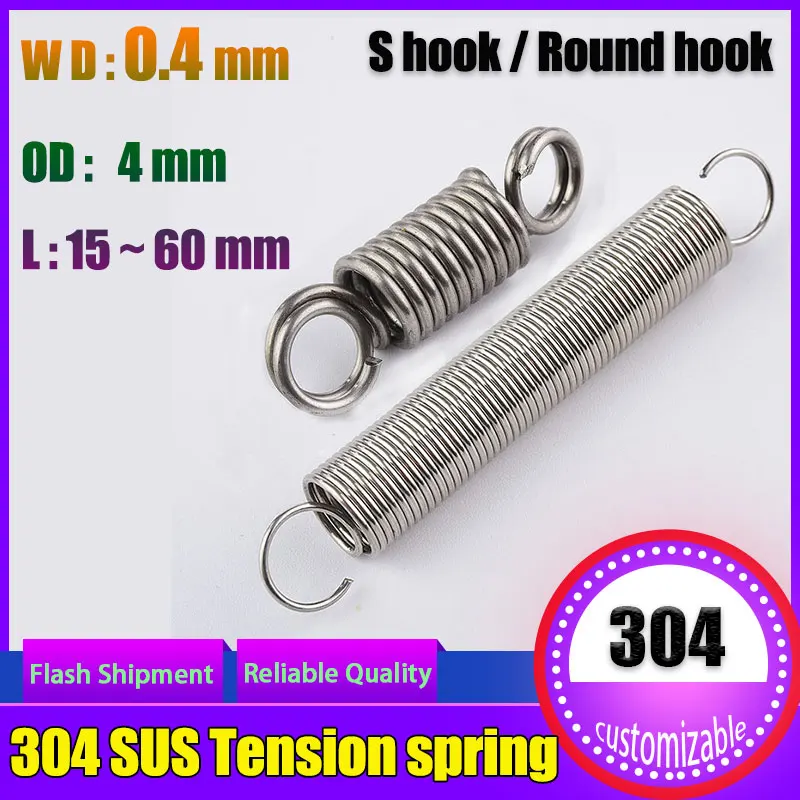 0.4*4mm Wire diameter 304 Stainless Steel Tension spring S Hook Round hook Coil Pullback Extension Tension metal Spring wire
0.4*4mm Wire diameter 304 Stainless Steel Tension spring S Hook Round hook Coil Pullback Extension Tension metal Spring wire
