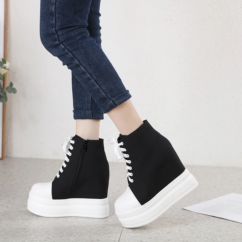 

Fashionable Women's Ankle Boots with Hidden Wedge, Round Toe, Canvas and Thick Bottom, 15CM Invisible Height Increasing