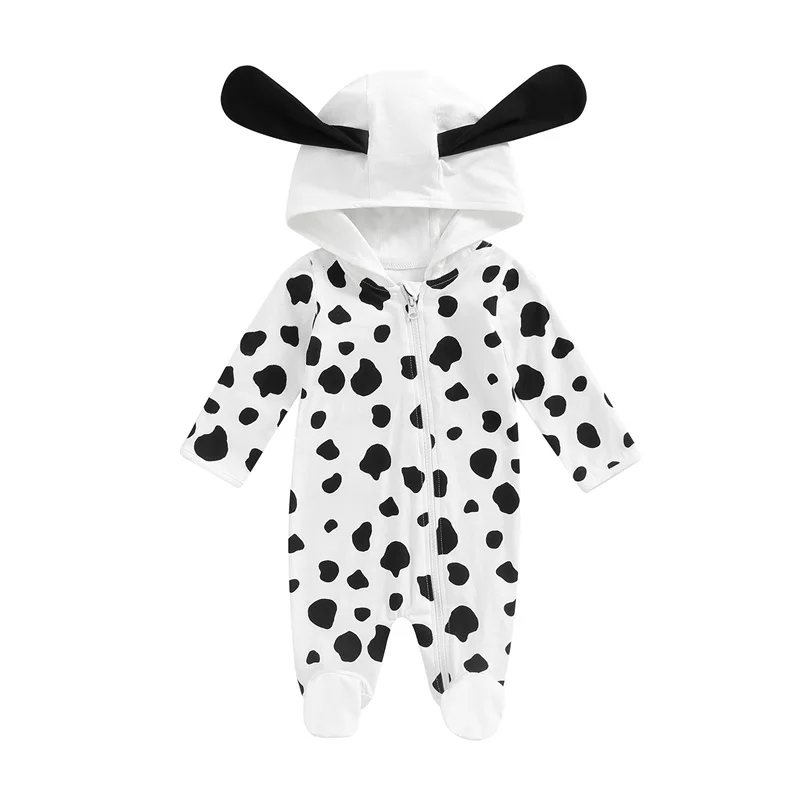 

Baby Dalmatian Costume Newborn Boy Girl Halloween Puppy Spotted Dog Romper Footies Zipper Hooded Outfit
