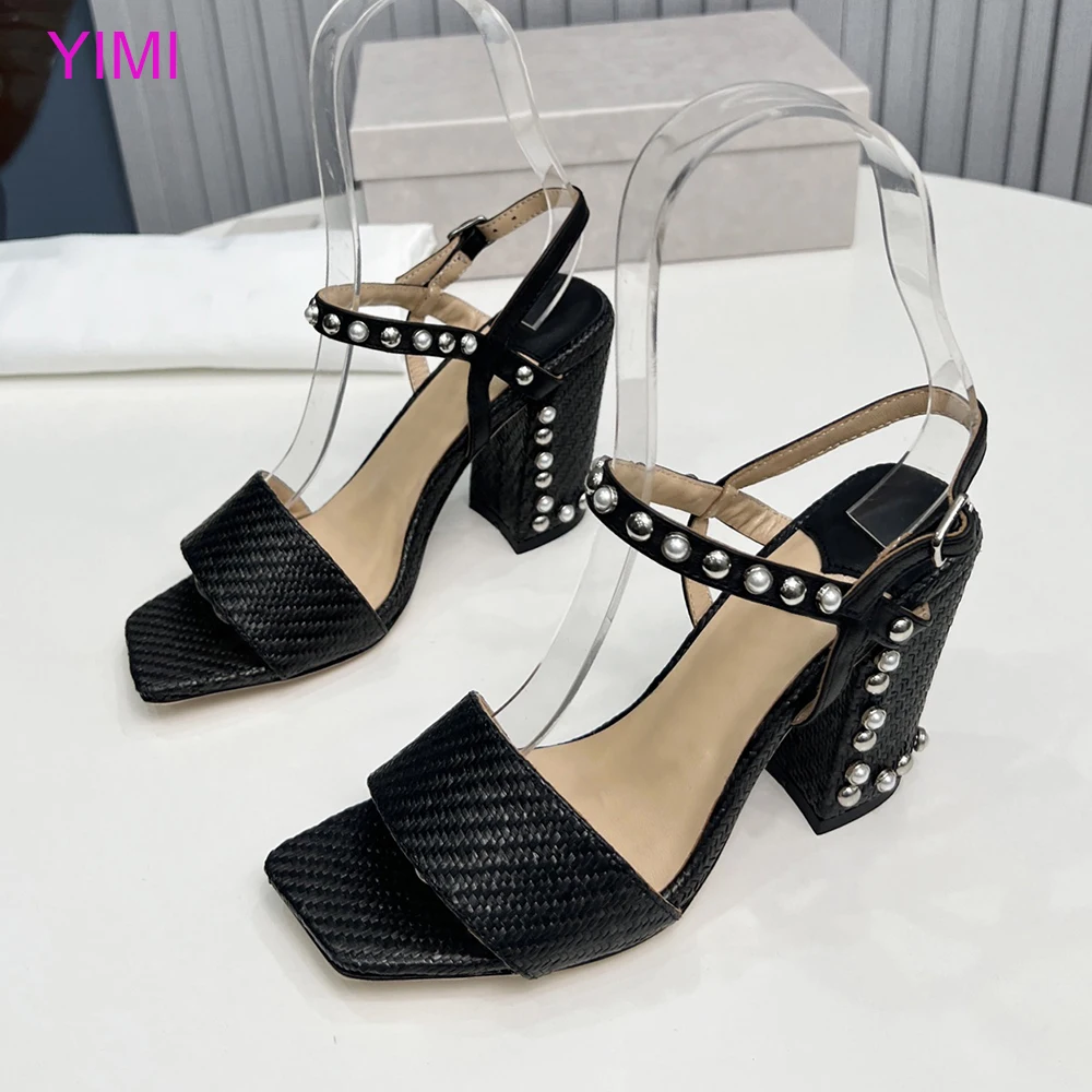 

Solid 8.5cm Fashionable Rivet Sandals With Simple Hollow Summer high-Quality Women's thick heels