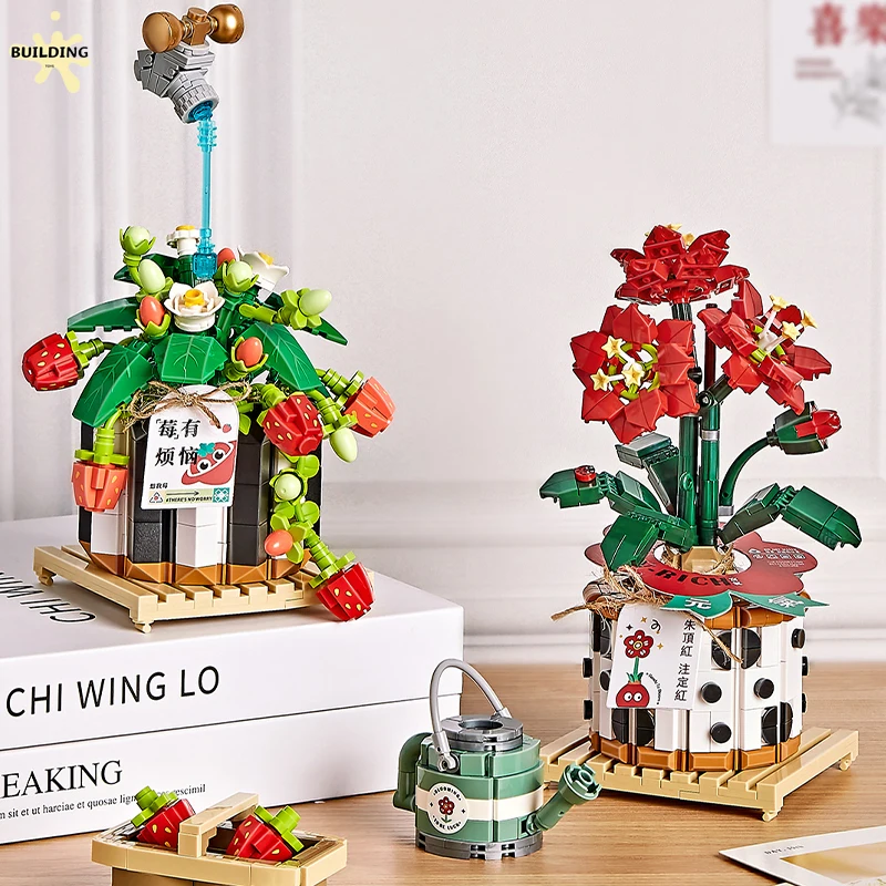 

LOZ Strawberry Cherry Blossom Potted Succulent Bonsai Plant Mini Building Blocks Creative Flower Bricks Set Home Decor Kids Toys