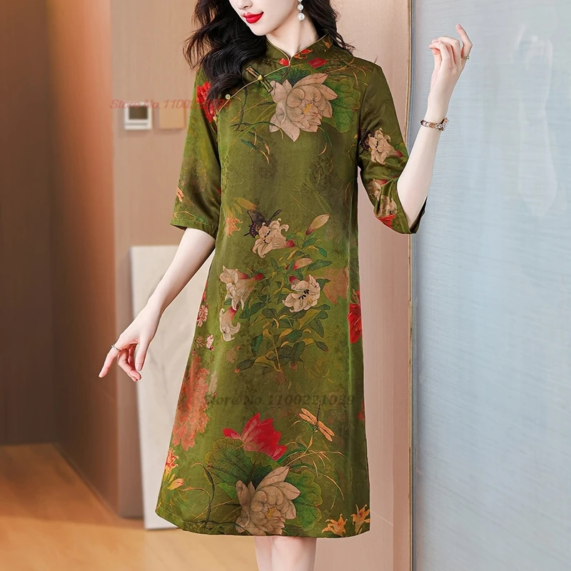 

2024 chinese traditional dress cheongsam improved qipao national flower print satin a-line dress oriental banquet evening dress