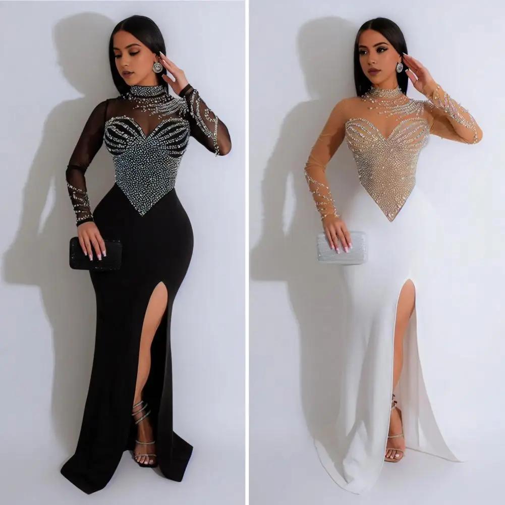 Women Dress Elegant Rhinestone Mesh Maxi Dress with Side Split Women's Half-high Collar Long Sleeve Gown Stylish for Women
Women Dress Elegant Rhinestone Mesh Maxi Dress with Side Split Women's Half-high Collar Long Sleeve Gown Stylish for Women