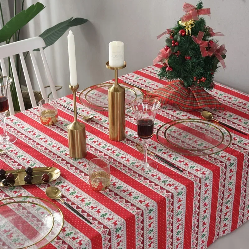 

Скатерть для кухонного обеденного стола с рождественским оленем, прямоугольная, из хлопка и льна, в красную полоску, предметы интерьера