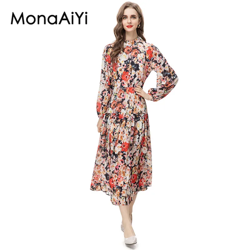 

MonaAiYi New Fashion Runway Designer Women's Sicily High Collar Long Sleeved Detachable Waistband Printing Midi Dresses