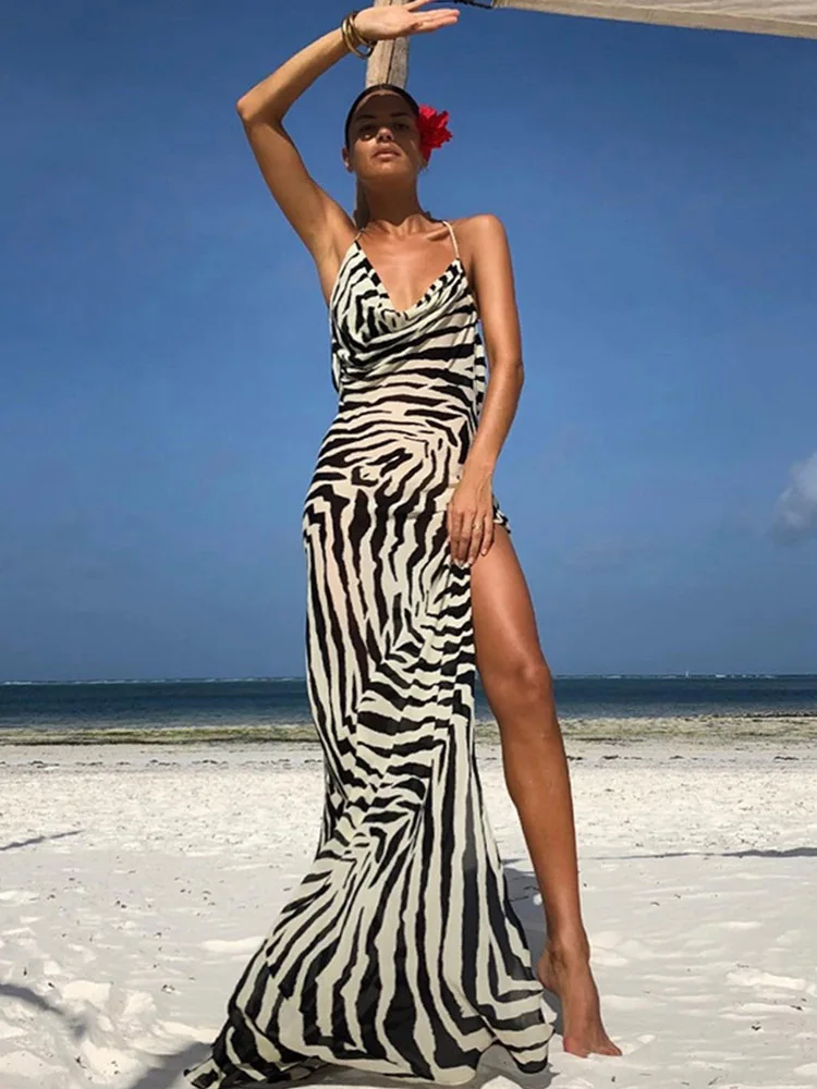 

2022 Sexy Spaghetti Strap Side Split Beach Dress Summer Sundress Women Clothes Elegant Zebra Back Open Club Party Dresses