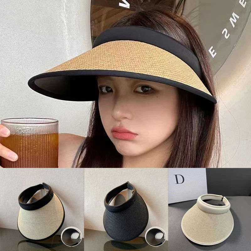 

Sunshade Sunscreen Hat for Women 2024 New Summer Big Brim Anti UV Sun Hat Covering Face Empty Top Grass Knitted Straw Cap