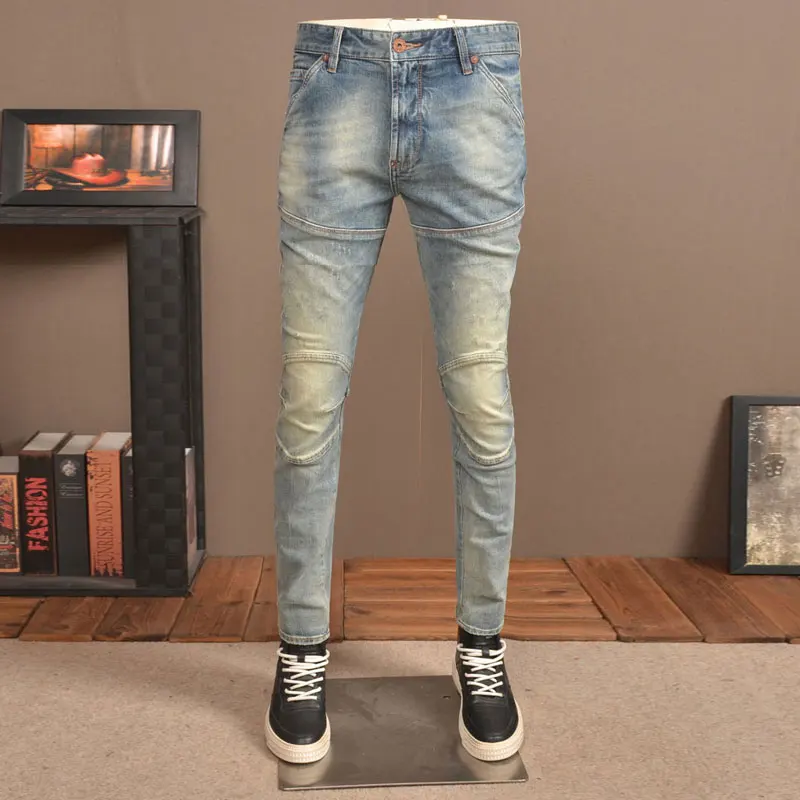 

High Street Fashion Men Jeans Retro Washed Blue Elastic Slim Fit Spliced Biker Jeans Homme Vintage Designer Hip Hop Denim Pants