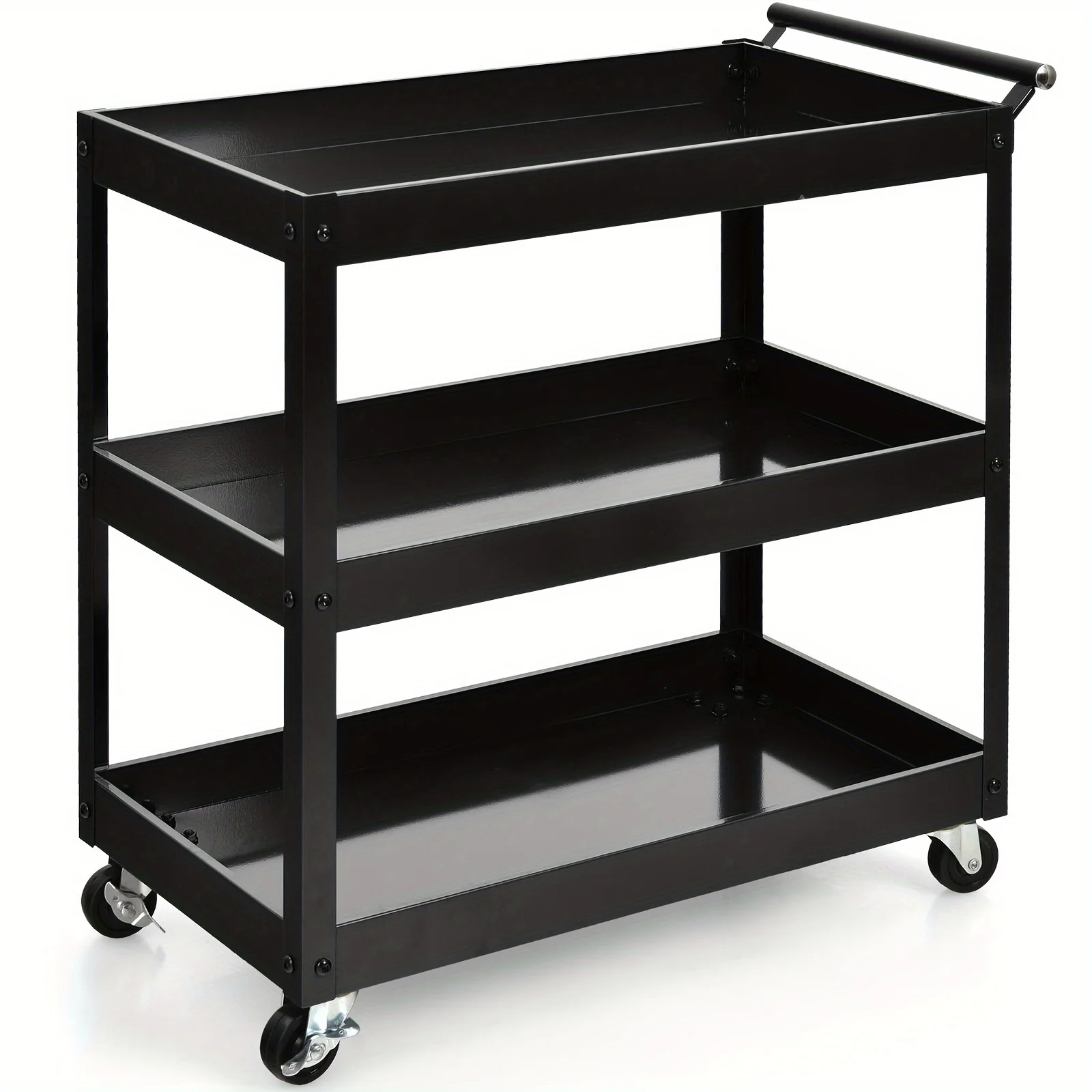 

1pc, 3-Tier Alloy Steel Utility Cart, Heavy-Duty Metal Storage Service Trolley With 330lbs Total Capacity, Black Mobile Rolling