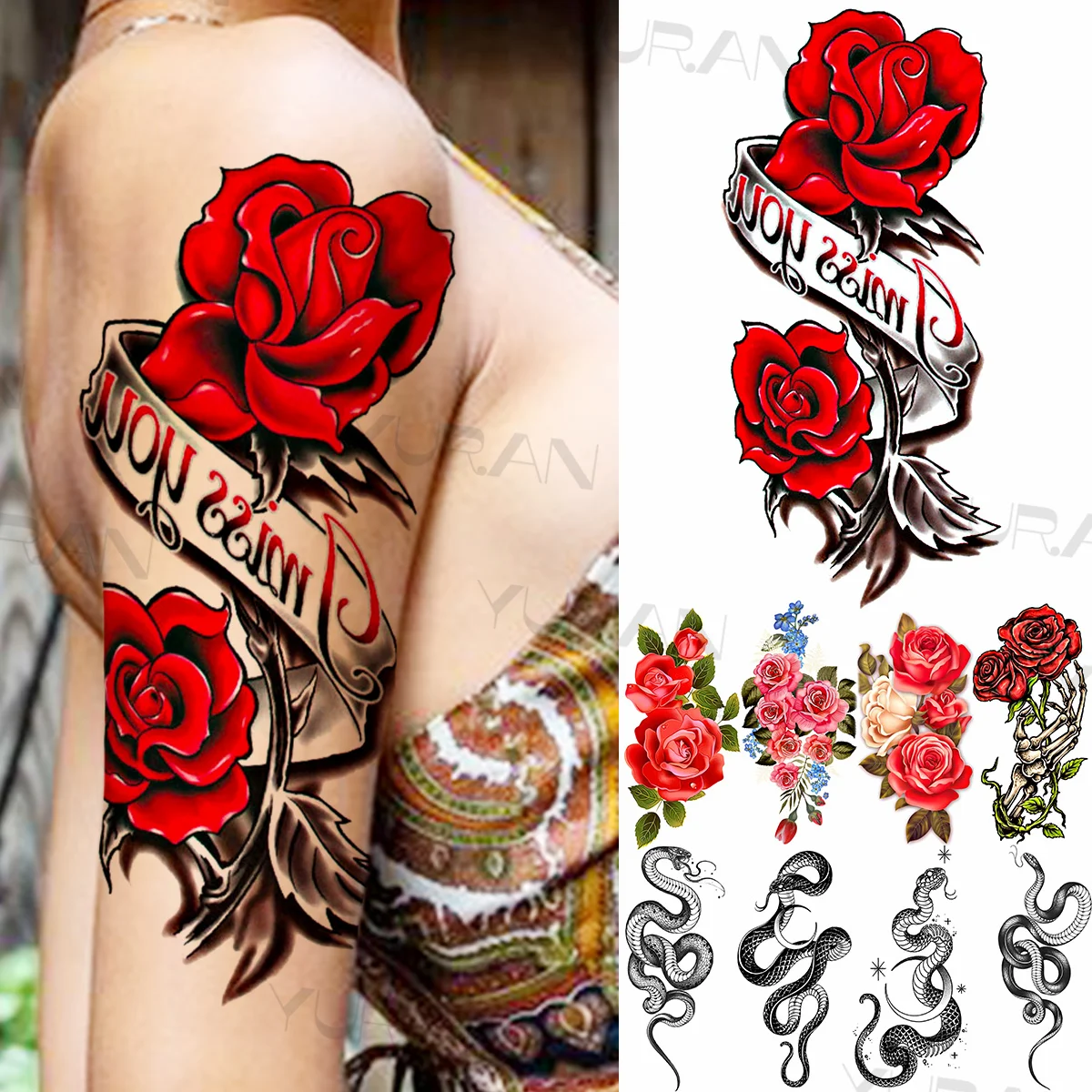 

Watercolor Rose Flower Temporary Tattoos For Women Adults Realistic Snake Moon Flora Fake Tattoo Sticker Sexy Body Arm Tatoos