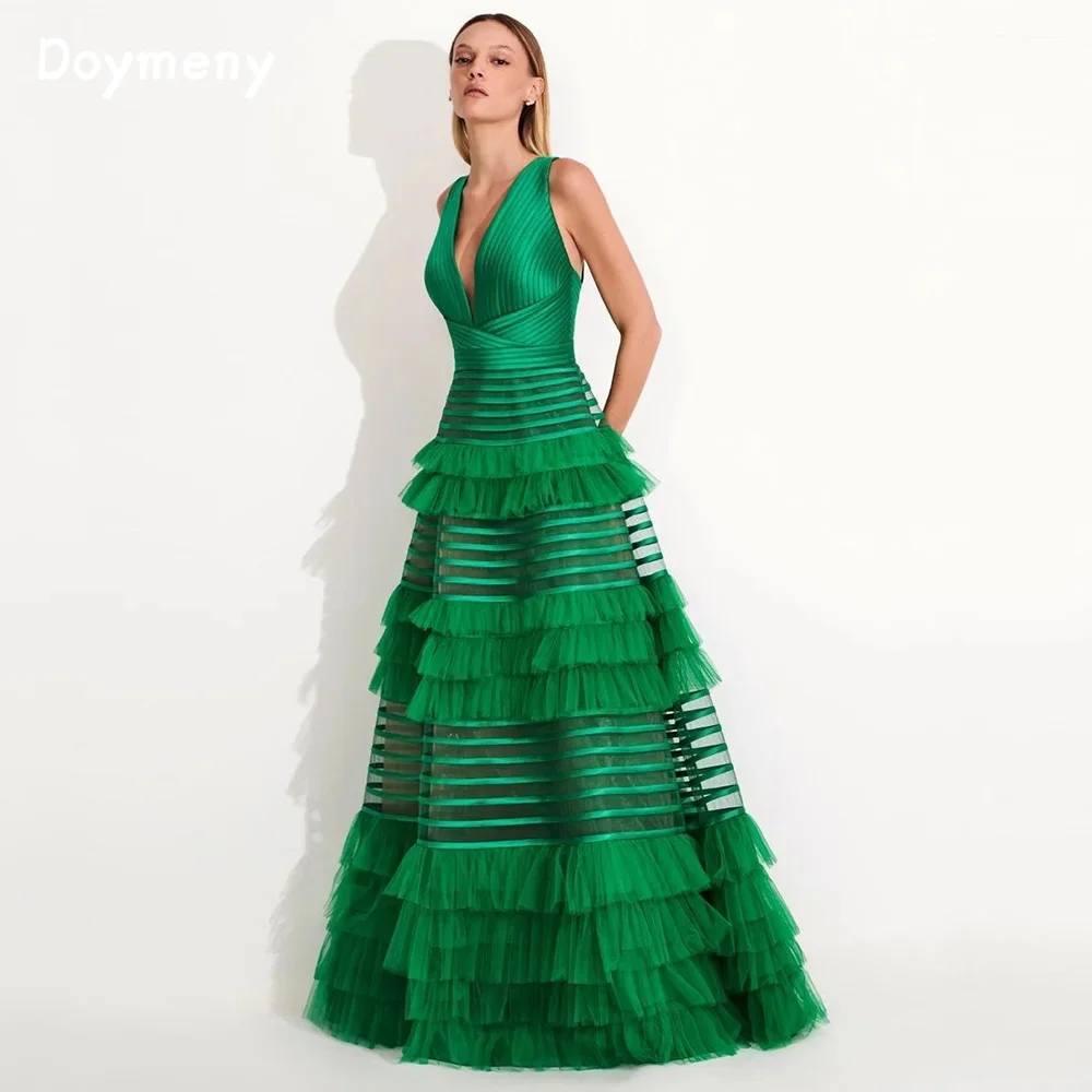 

Doymeny V-Neck Tiered Ruffled Prom Dresses Sleeveless Tulle Pleat Ruched A-Line Evening Gowns Special Occasion Gown Formal Wear