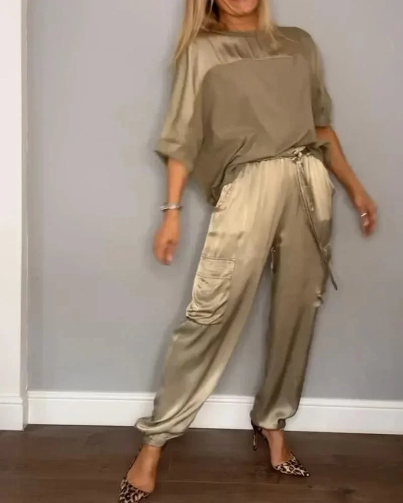 Casual Satin Shirt Pant Sets Women Fashion Pure Color Pocket Pant 2 Piece Sets Women Outfit Summer Loose Shirts Suit Ladies
Casual Satin Shirt Pant Sets Women Fashion Pure Color Pocket Pant 2 Piece Sets Women Outfit Summer Loose Shirts Suit Ladies