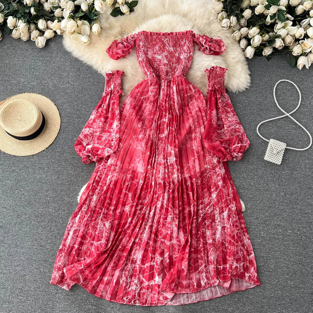 New Summer Women Sexy Slash Neck Off Shoulder Slim Long Dress Retro Print Pleated Hem Beach Vacation Dress With Cuff
New Summer Women Sexy Slash Neck Off Shoulder Slim Long Dress Retro Print Pleated Hem Beach Vacation Dress With Cuff