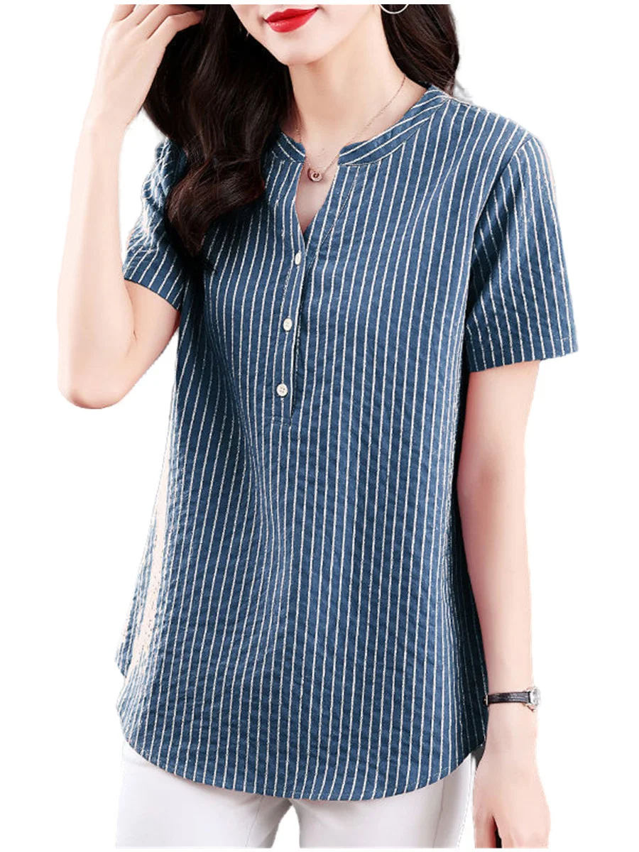 

5XL Women Summer Spring Blouses Shirts Lady Fashion Casual Short Sleeve V-Neck Collar Stripe T-shirt Blusas Tops MM2070