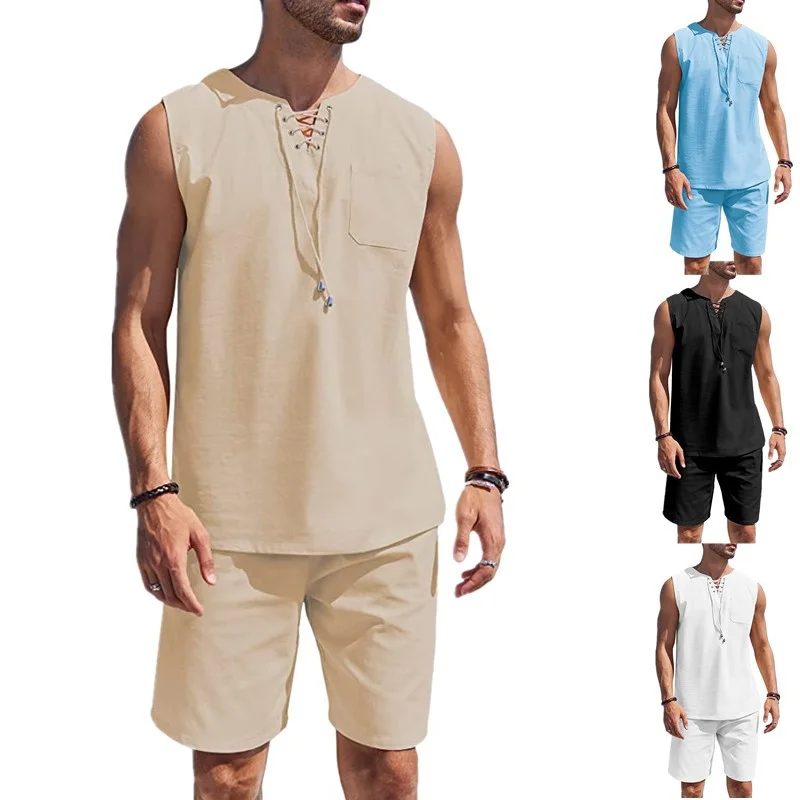 Men's Summer Suits 2PC Linen Sleeveless T-Shirt + Shorts Casual Tank Tops Shirt Tops Loose Lace Up V-neck Shirts and Shorts Set
Men's Summer Suits 2PC Linen Sleeveless T-Shirt + Shorts Casual Tank Tops Shirt Tops Loose Lace Up V-neck Shirts and Shorts Set