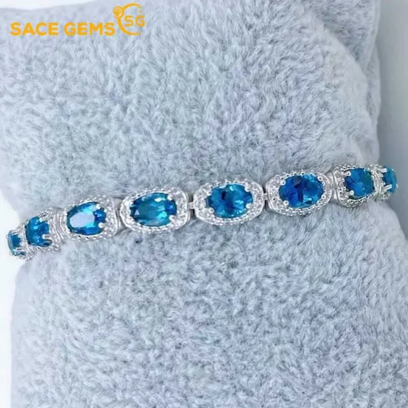 

SACEGEMS 925 Sterling Silver 4*6MM Natual London Blue Topaz Gemstone Bracelrts for Women Engagement Cocktail Party Fine Jewelry