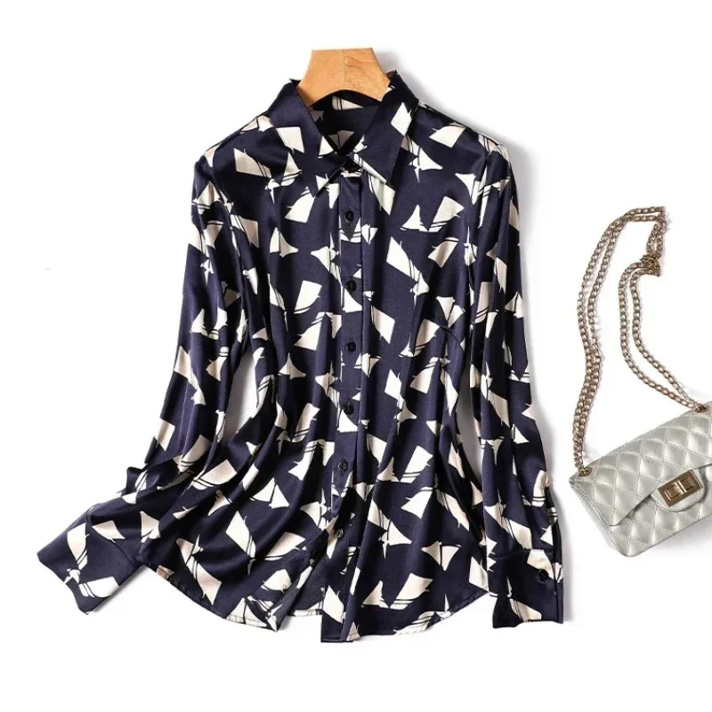

Модная Элегантная Шелковая женская блузка с длинным рукавом и принтом, офисные женские рубашки, осенние модные топы с отложным воротником, одежда, блузы 29961