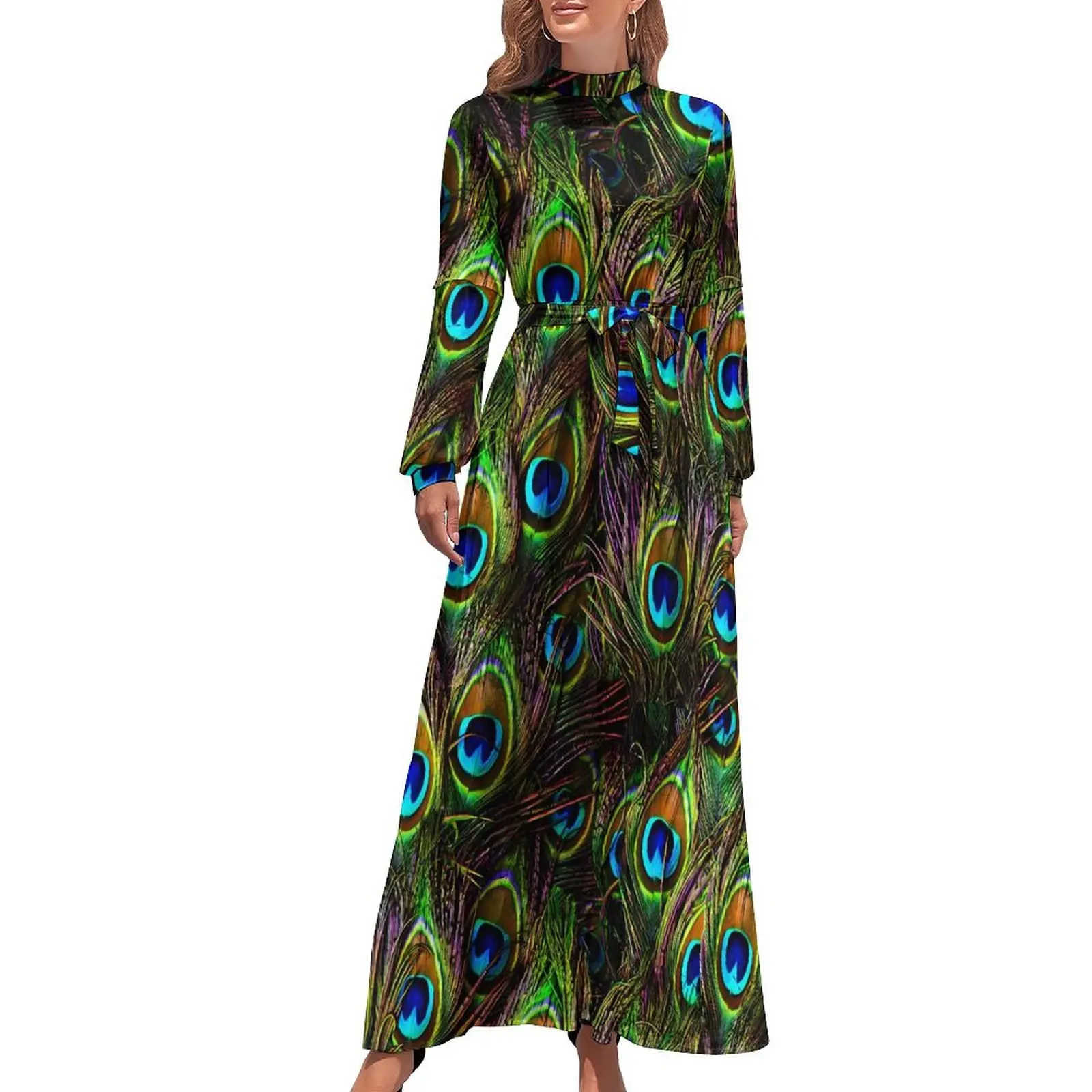 Peacock Feathers Dress High Waist Colorful Print Custom Beach Dresses Long Sleeve Casual Long Maxi Dress Cute Vestidos
Peacock Feathers Dress High Waist Colorful Print Custom Beach Dresses Long Sleeve Casual Long Maxi Dress Cute Vestidos