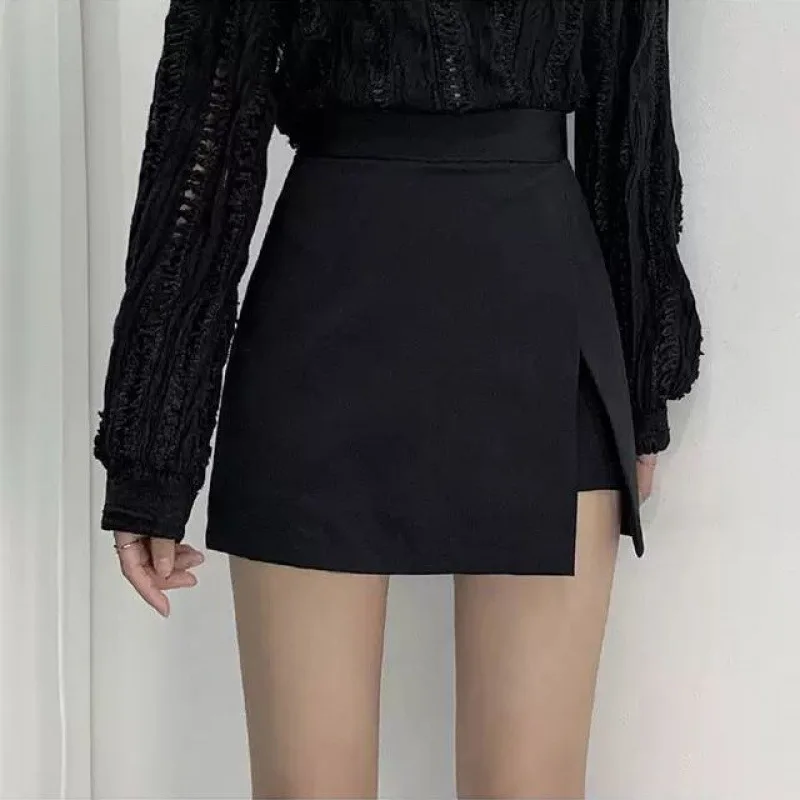 

Slit Mini Skirts Women Korean High Waist Solid Irregular Skirts Office Lady Fashion Stretchy Chic Simple A Line Skirts New