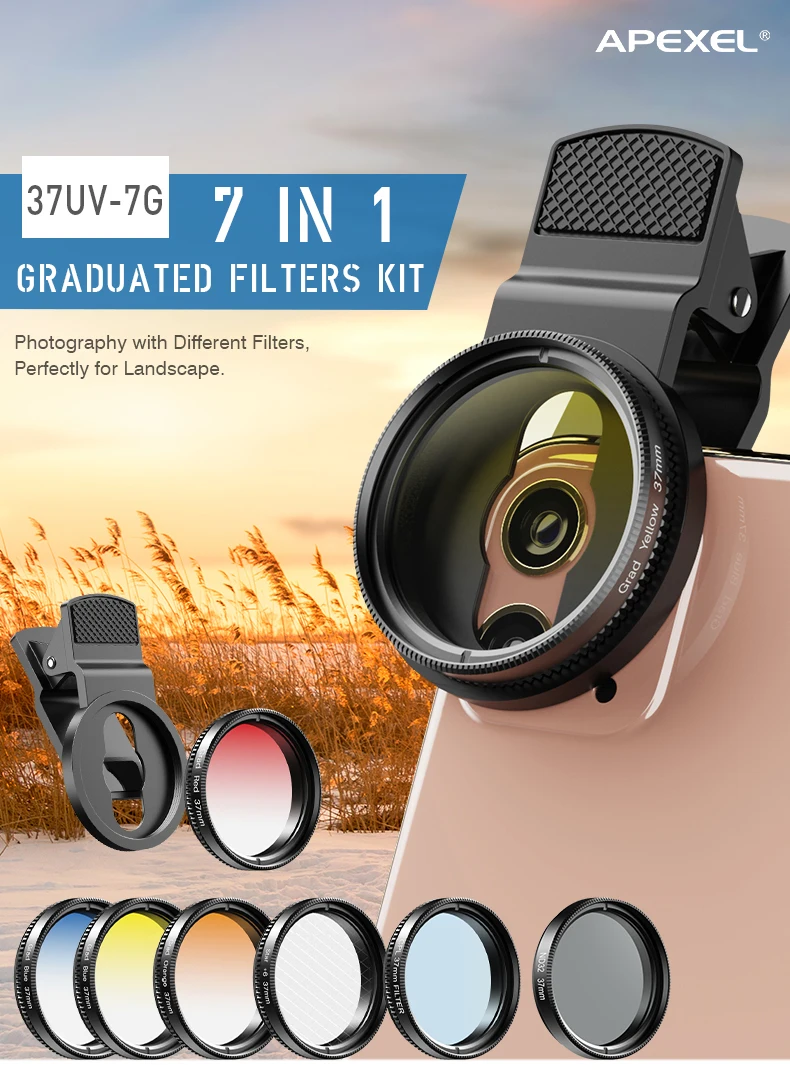 Factory price APEXEL 37UV-7G 37MM Gradient Filters Kits Multi-Color Aluminum Alloy Lightweight Filter for cellphone
Factory price APEXEL 37UV-7G 37MM Gradient Filters Kits Multi-Color Aluminum Alloy Lightweight Filter for cellphone
