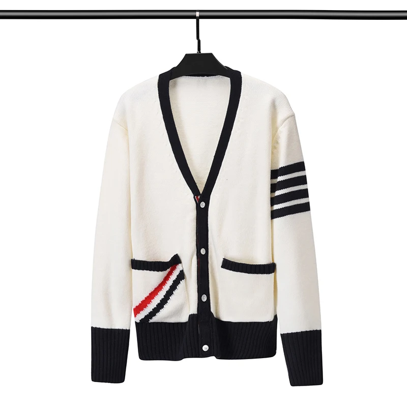 TB THOM Sweaters Women's Autumn Winter Luxury Brand Fine Wool Striped Spliced V-Neck Knitted Korean Fashion Style Knit Cardigan 
TB THOM Sweaters Women's Autumn Winter Luxury Brand Fine Wool Striped Spliced V-Neck Knitted Korean Fashion Style Knit Cardigan