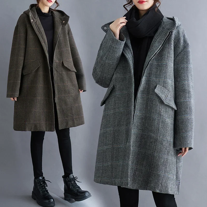 

A Fashion Women's Wool Suit Jacket England Style Loose Thin Tweed Trench Coat Autumn Winter Casual Commuting Tops Female