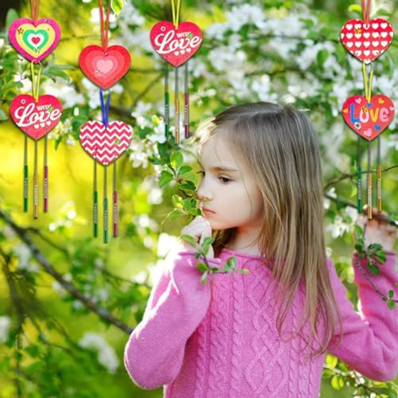 

9 Pack Heart Wind Chime Make You Own Love Wind Chimes DIY Colorful Valentine's Day Wooden Craft A