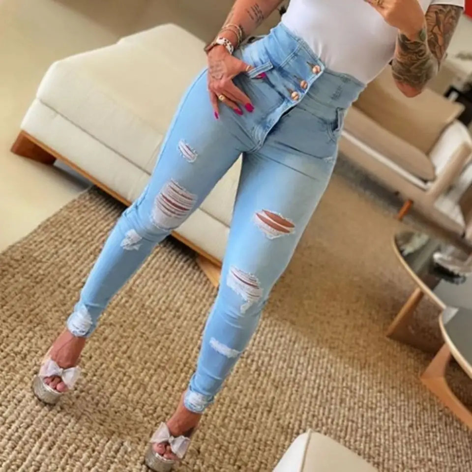 

Women's Jeans 2023 Trend Autumn Fashion High Waist Buttoned Cutout Ripped Casual Skinny Plain Pocket Design Daily Long Jeans