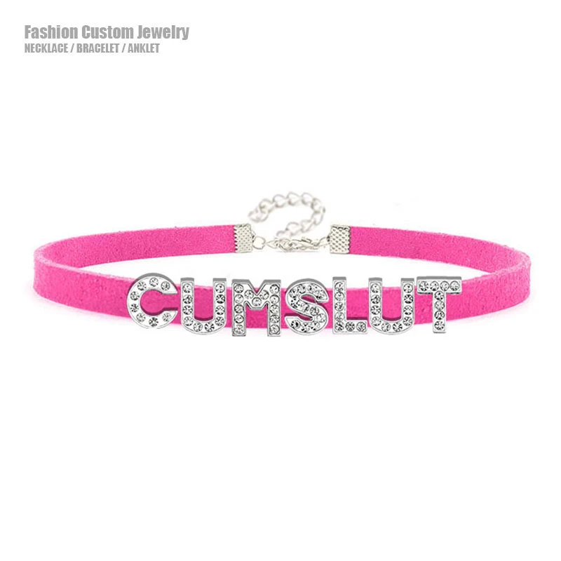 Hot Sexy Rose Red Suede Leather Collar Cumslut Letters Choker Harajuku