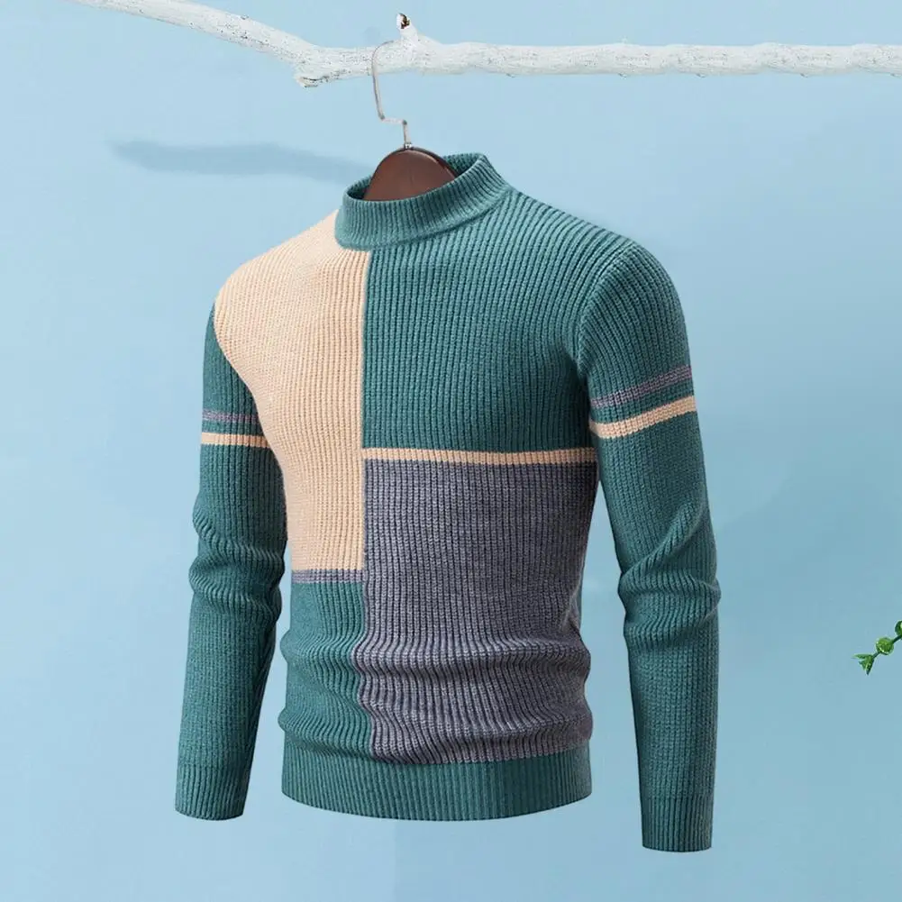 

Color-blocked Sweater Colorblock Knitted Men's Sweater with Half-high Collar Slim Fit Warmth for Fall Winter Half Turtleneck