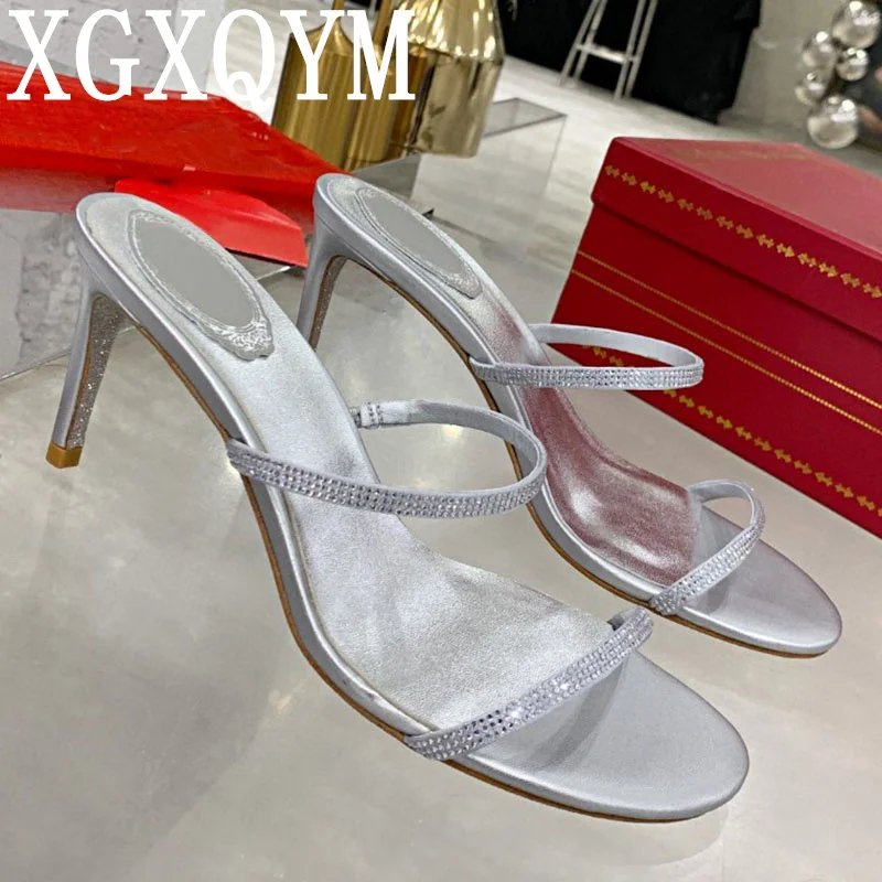 

Luxury Runway Crystal Slippers High Heel Narrow Band Pumps Banquet Ladies Casual Shoes Summer Sexy Bling Bling Brand Mules Mujer