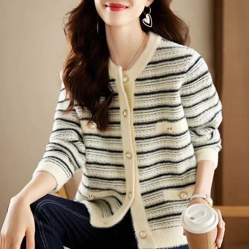 

Autumn Winter Knitted Jacket 2024 New Korean Women Casual Long Sleeve Stripes Imitation Mink Velvet Cardigan Sweater Female Tops