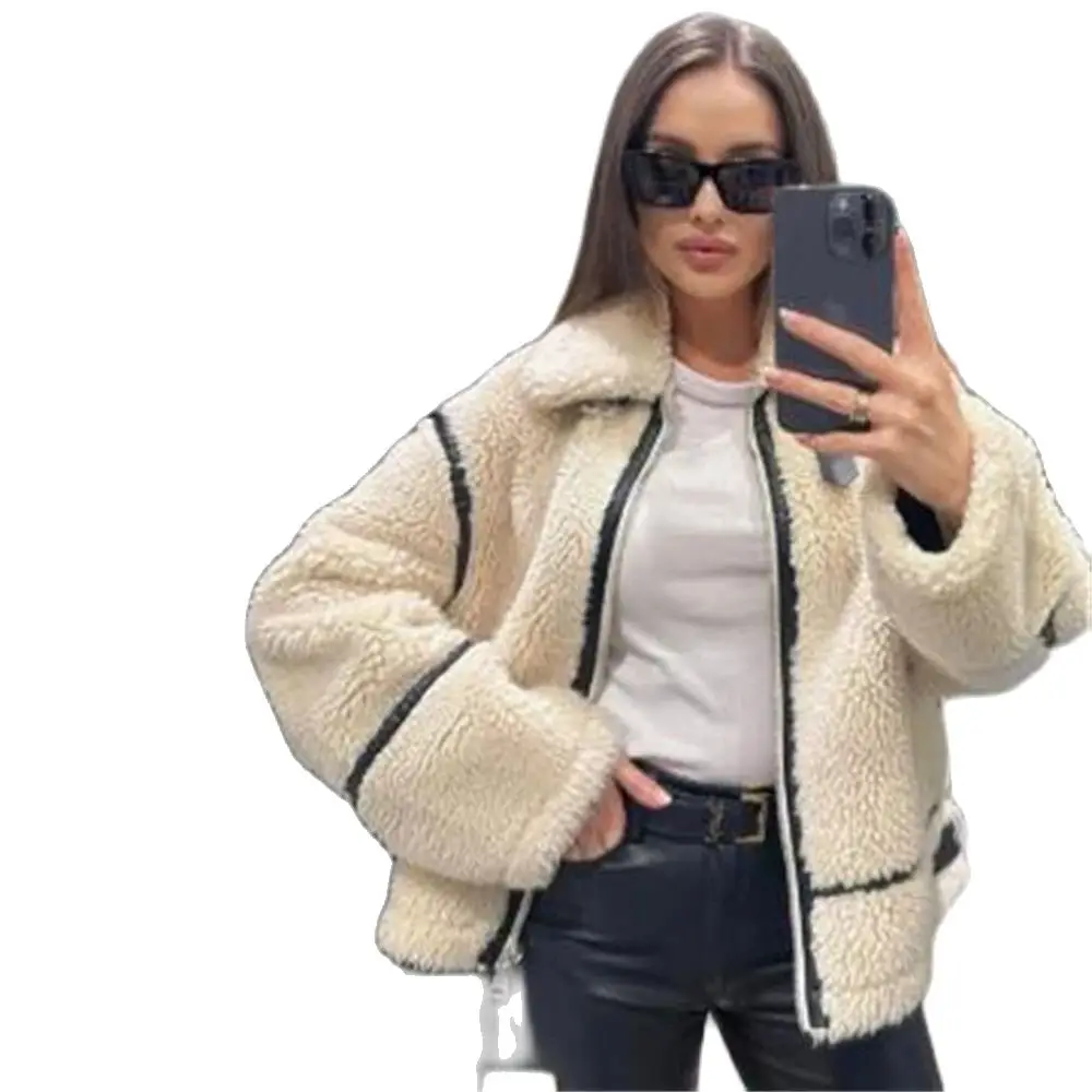 

2024 Winter Fashion Female Warm Street Outwears Women Fake Fur Zipper Jacket Coat Loose Long Sleeve Lapel Collar Thicken Coats