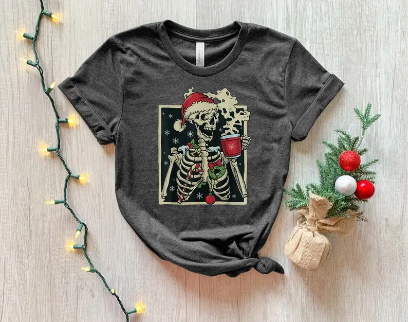 

Dead Inside Skeleton Christmas Sarcastic Coffee Merry Coffee Lover Short Sleeve Top Tees O Neck Streetwear 100% Cotton goth y2k